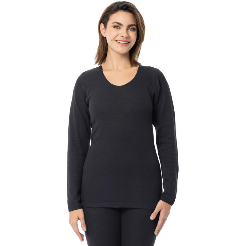 Indera Women's Combed Cotton Raschel Knit Thermal Underwear Top, Black, 2X - Image 1